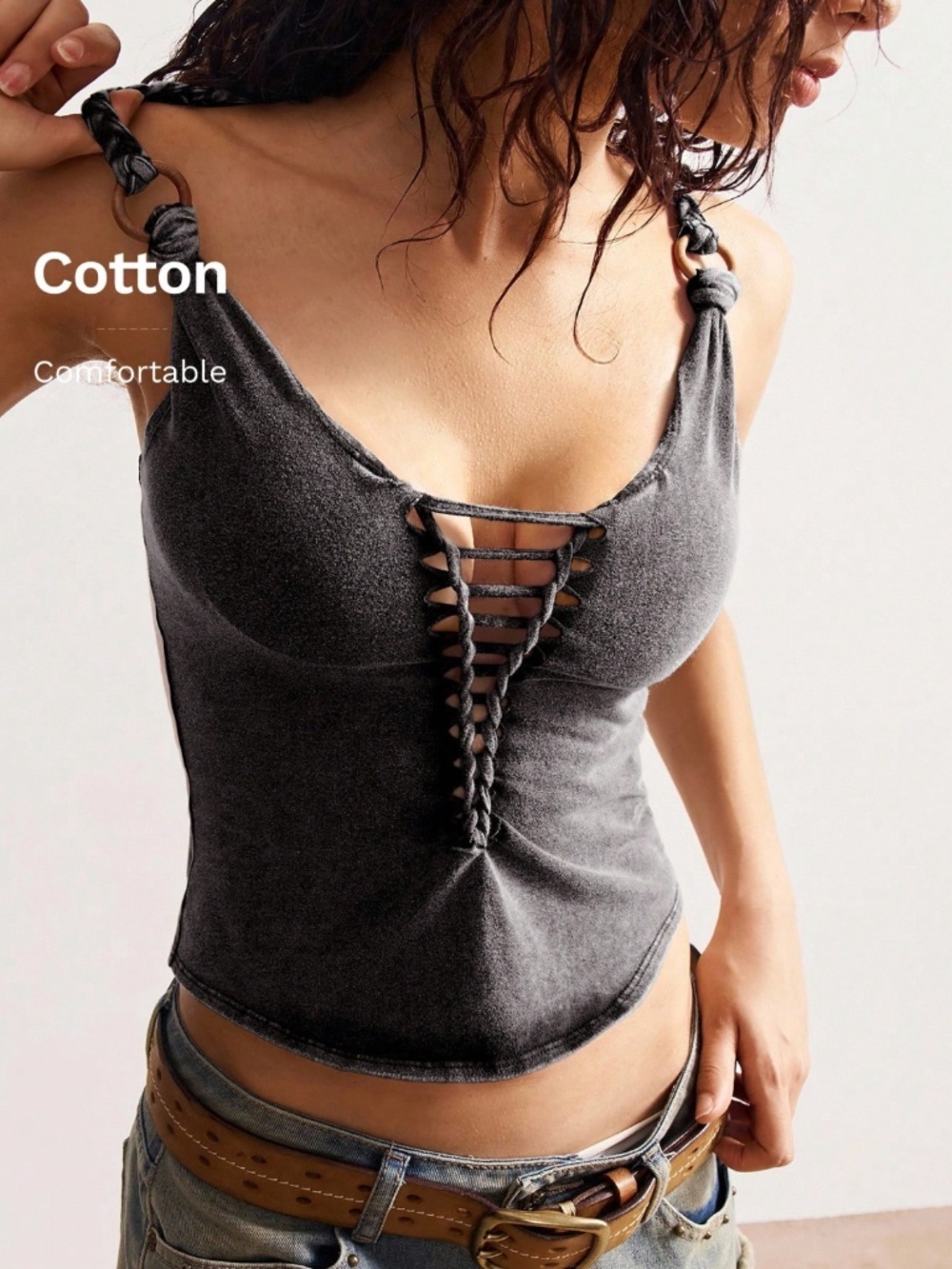 Cotton Black Distressed Bohemian, Ring and Braid Detail Tank Top